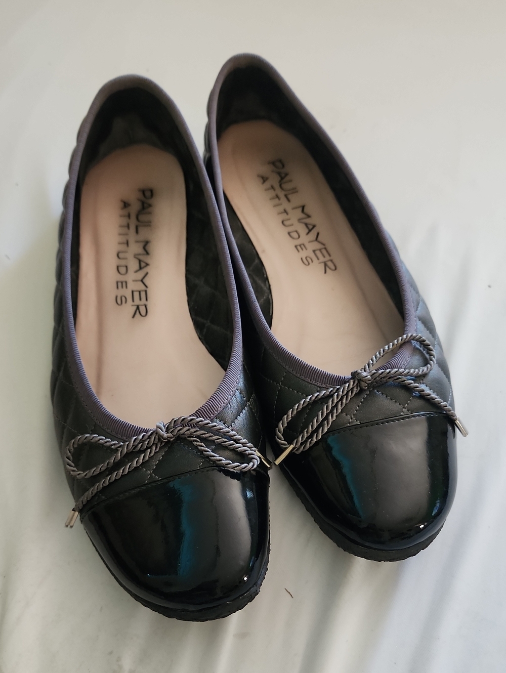 New Condition Paul Mayer Quilted Pewter Flats with Black Patent Cap